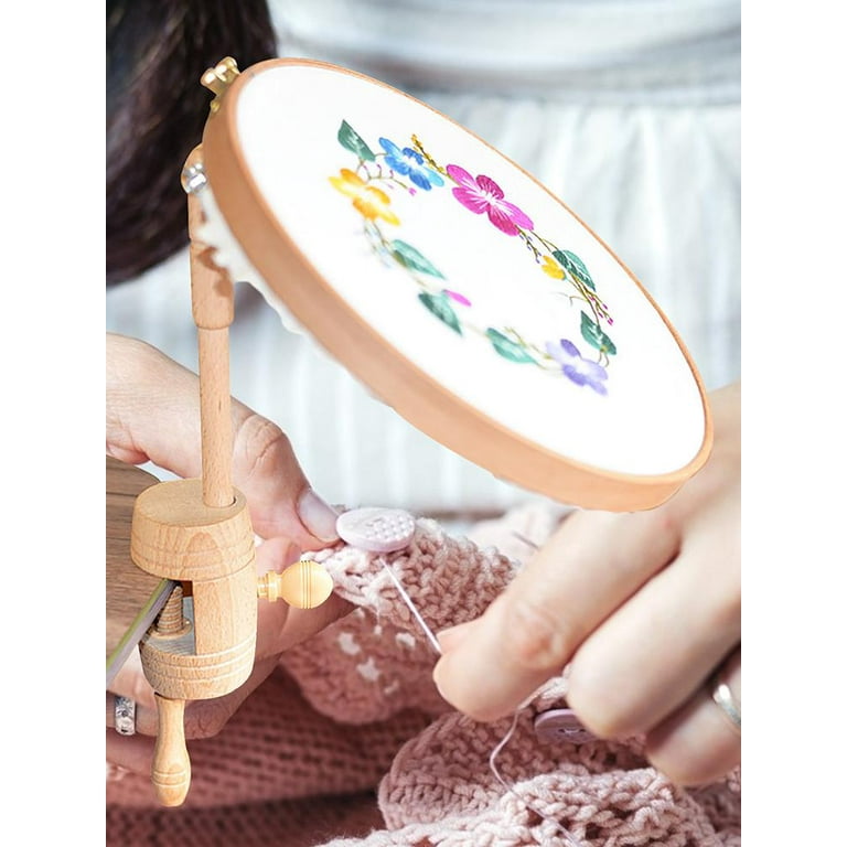VEGCOO Multifunctional Beech Wood Embroidery Hoop Stand with 2 Pcs 6'' 8''  Embroidery Hoops, Adjustable Rotated Embroidery Stand Cross Stitch Stand,  Embroidery Hoop Holder for Embroidery Project 