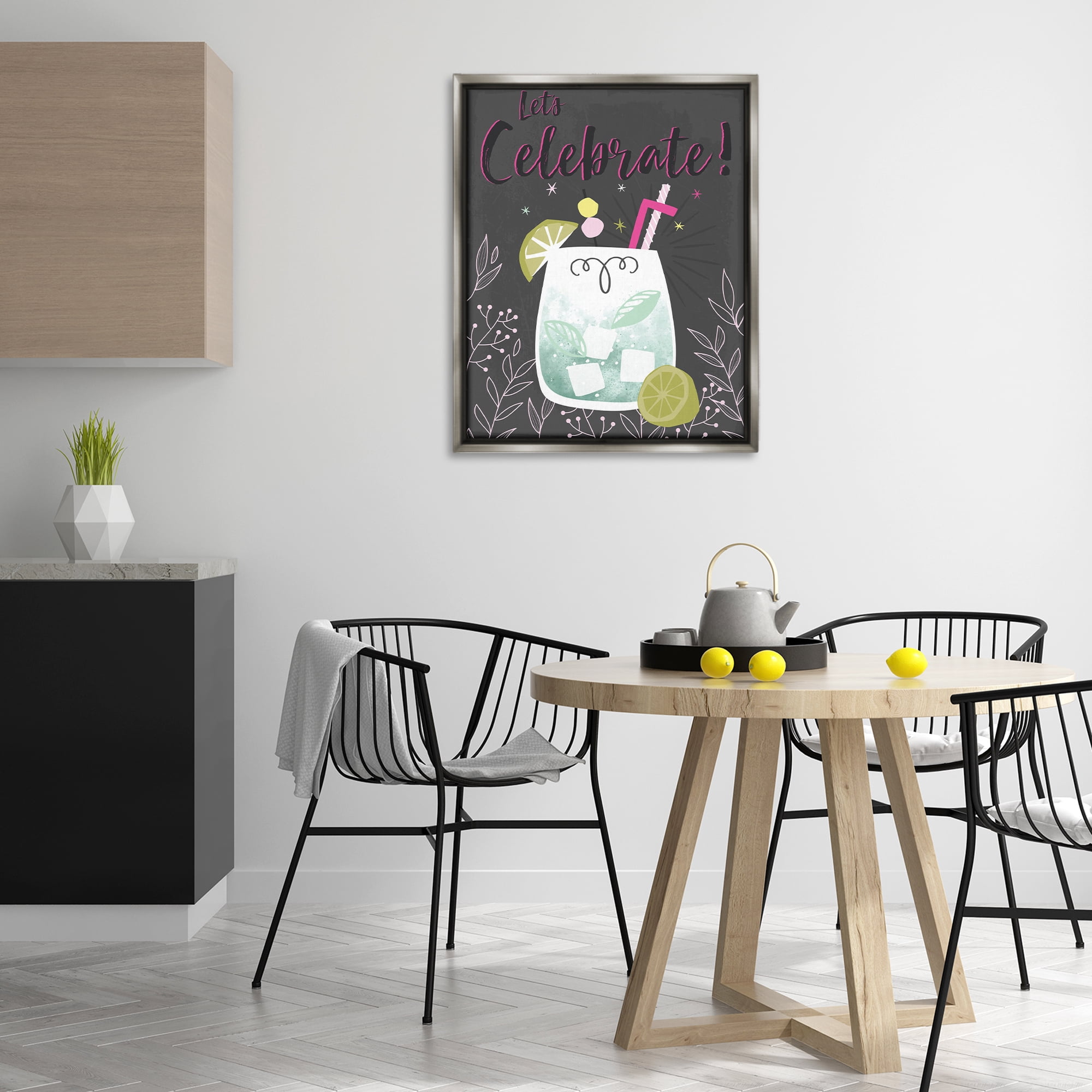 Stupell Industries Let's Celebrate Cocktail Food & Beverage Painting Gray Floater Framed Canvas Art Print Wall Art, 25 x 31
