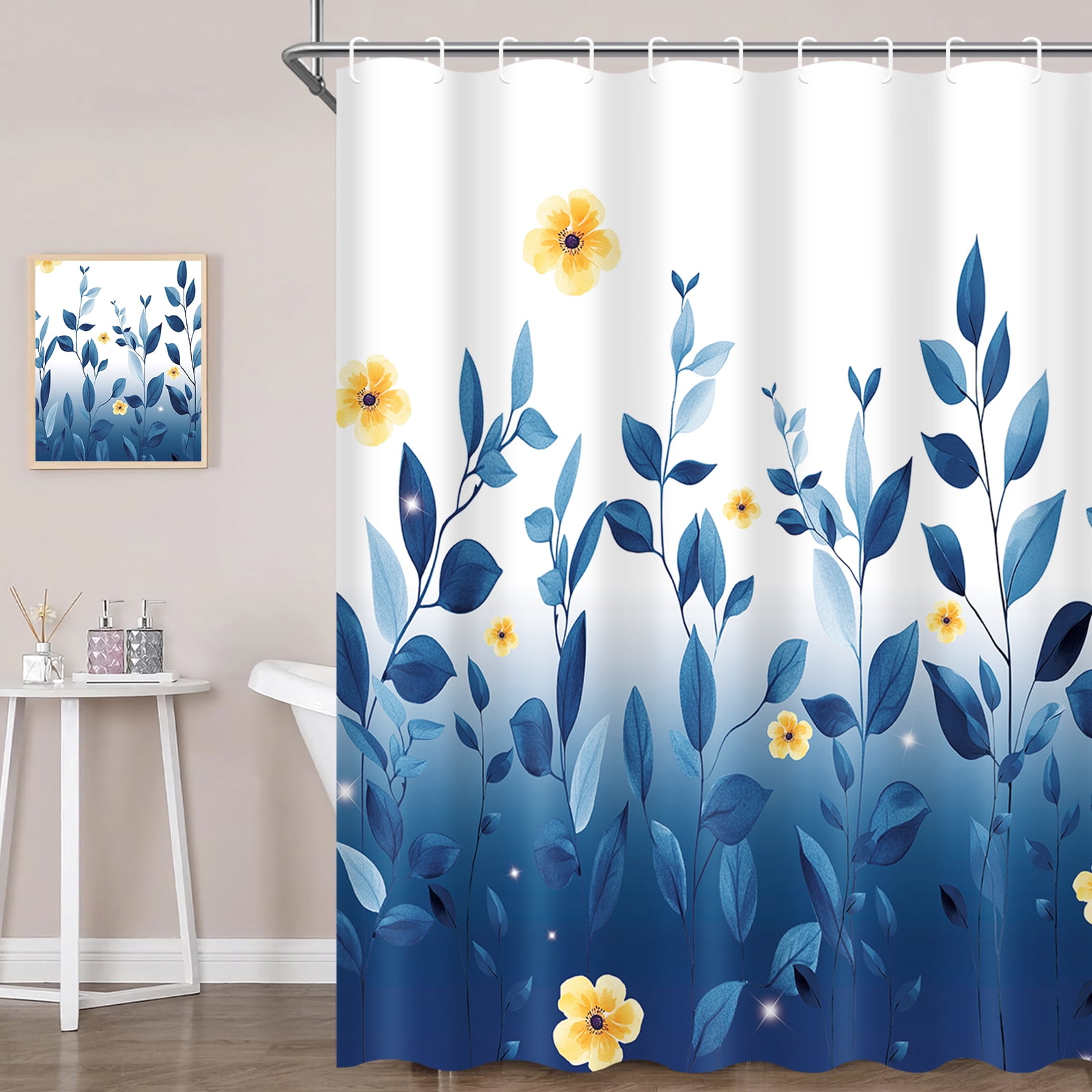 FRAMICS 16-Piece Ombre Floral Shower Curtain Sets with Rugs, Blue Eucalyptus Leaves Bathroom Sets, Waterproof Fabric Bathroom Curtain Decor with Hooks