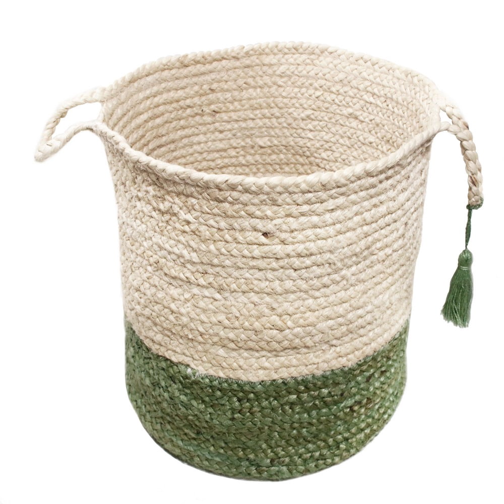 LR Home Woven Round Jute 17" Storage Basket with Handles, Green/White Stripe