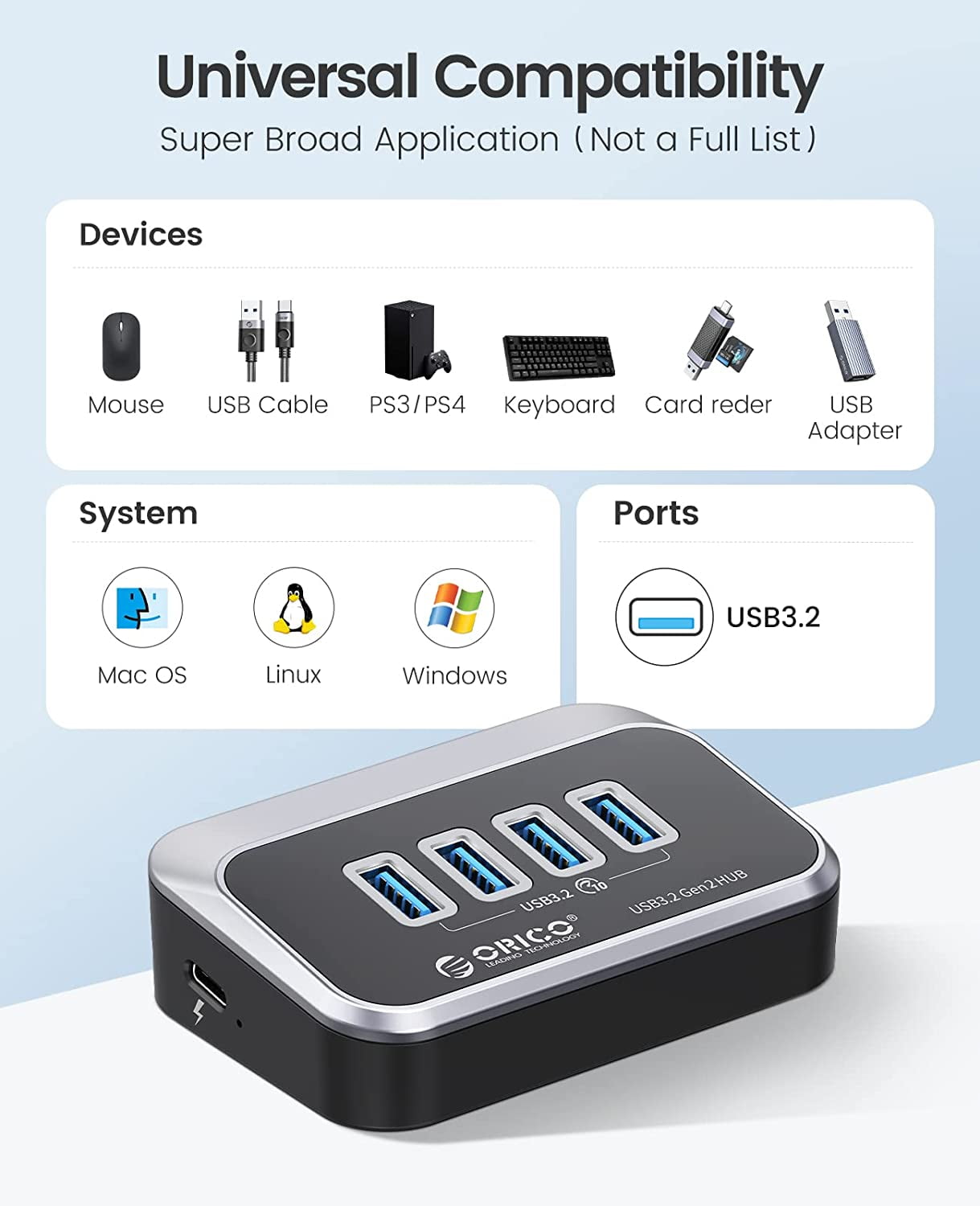 ORICO USB 3.2 Gen 2 Hub,10Gbps USB Hub with 4 USB A Ports, USB Adapter USB Extender USB Splitter with 1.64Ft USB Cable USB Multiport Adapter for MacBooks,Laptop, Camera,Keyborad, Mouse