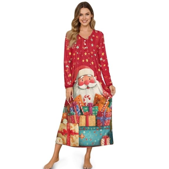 DISNIMO Santa Claus Star Print Women Nightgowns Long Sleeve Sleepwear Full Length Nightshirts Soft Ladies Sleep Shirt, S