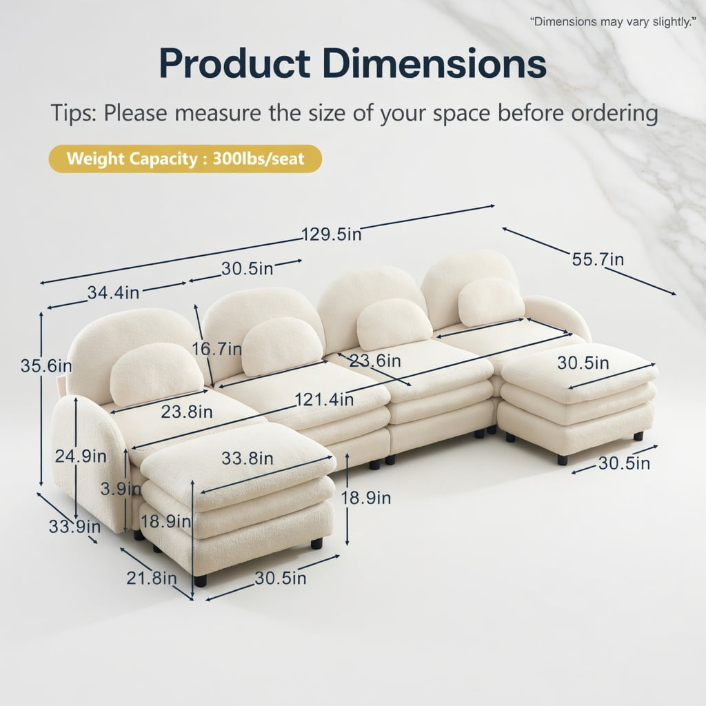Hommoo Teddy Fleece 4-Seat Modular Sectional Sofa with Curved Backrest, Cloud-Like Double-Layer Cushions & 2 Movable Ottomans, Beige