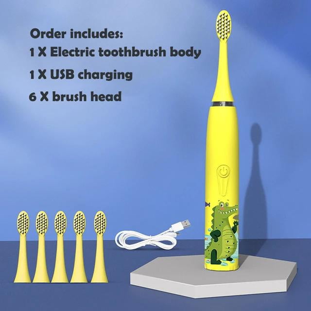 Cepillo de dientes eléctrico para niños, dibujos animados, con cabezal de repuesto, ultrasónico, IPX7, resistente al agua, recargable, sónico