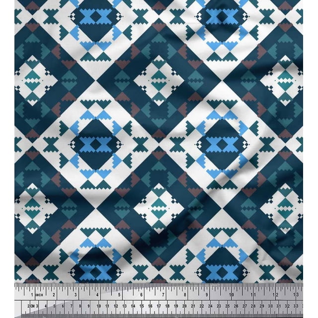 Soimoi White Rayon Fabric Check & Geometric Decor Fabric Printed Yard 42 Inch Wide