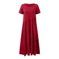 thumbnail image 4 of XIUH Women's Crew Neck Pleated Maxi Dress Solid Color Short Sleeve Ruffle Swing Dress Red 4 M, 4 of 5