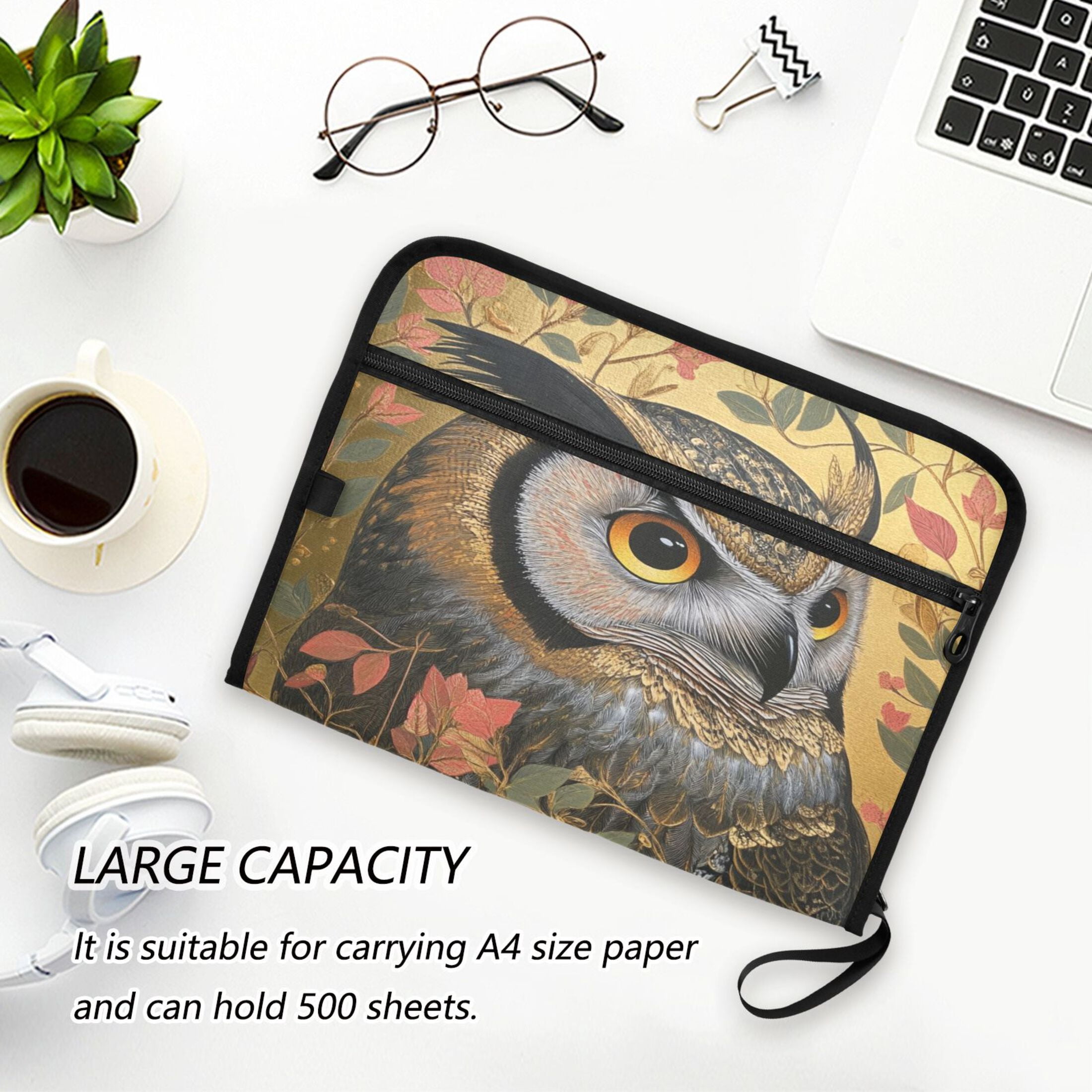 WOBOGO Owl Leaves Yellow Pattern Expanding File Folder Letter Size Accordion Filing Organizer 13 Pocket Separate Organ Pocket