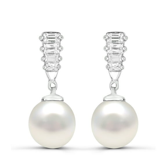 Freshwater Cultured Pearl and Lab Created White Sapphire Dangle Earrings in Sterling Silver