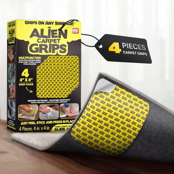 Alien Grip Rug Gripper Carpet Tape - 4pcs, 4x4 in. Anti-Slip Hardwood, Tile Floor, No Damage - Double Sided Reusable, Non Slip Corner Rug Pads - As Seen on TV