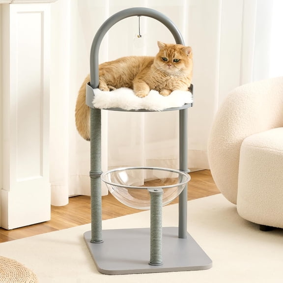 HITTITE Modern Cat Tree Tower for Indoor Cats up to 12lbs, 34" H Furniture-Style Metal Cat Tower with Scratching Posts, Wood Cat Bed with Soft Plush Cushion Washable, Acrylic Capsule, Dove Gray