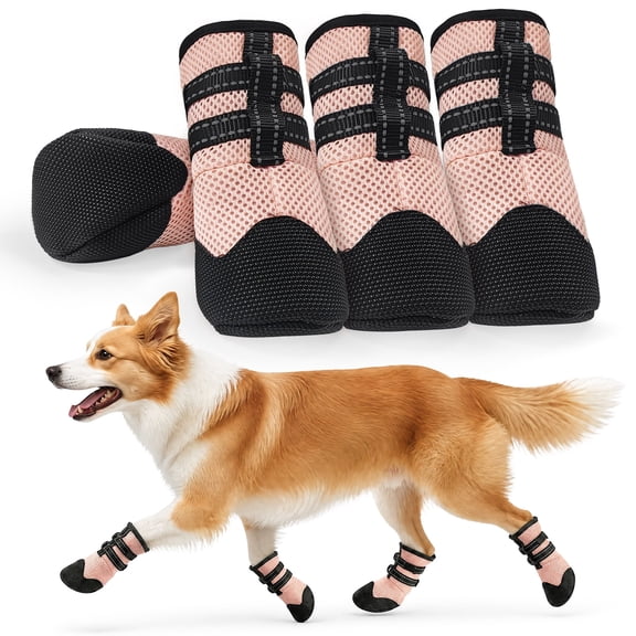 Amztom Breathable Dog Shoes, Mesh Summer Paw Protectors with Anti-Slip PVC Soles, Reflective Adjustable Pet Boots for Hot Pavement, Pink,XS