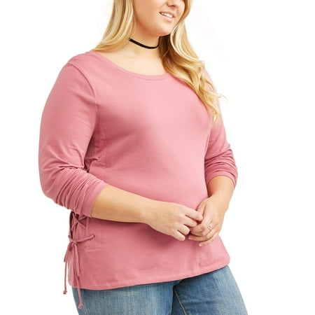 Junior's Plus Long Sleeve Side Lace Up Top