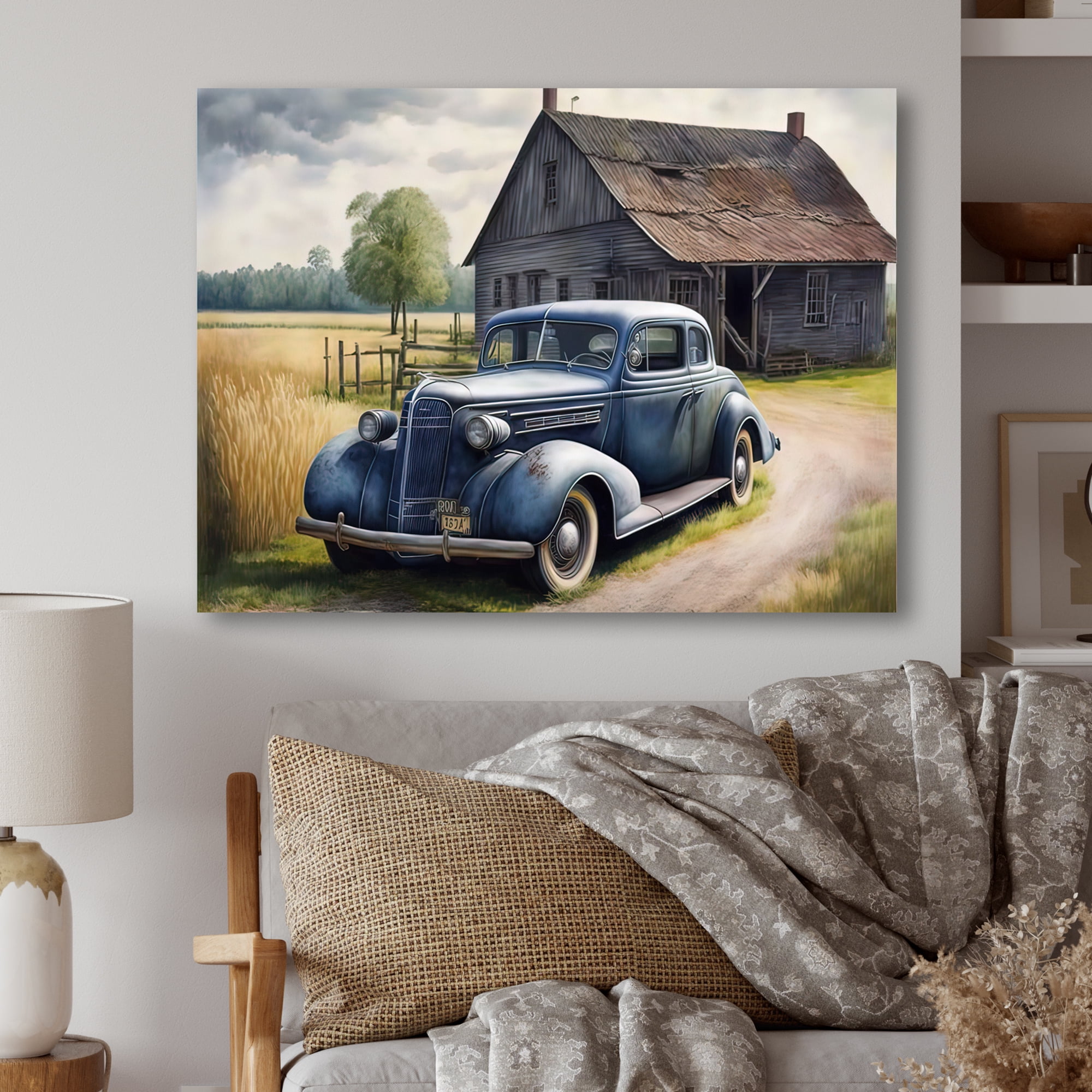 Designart Old Blue Car At The Barn Canvas Wall Art