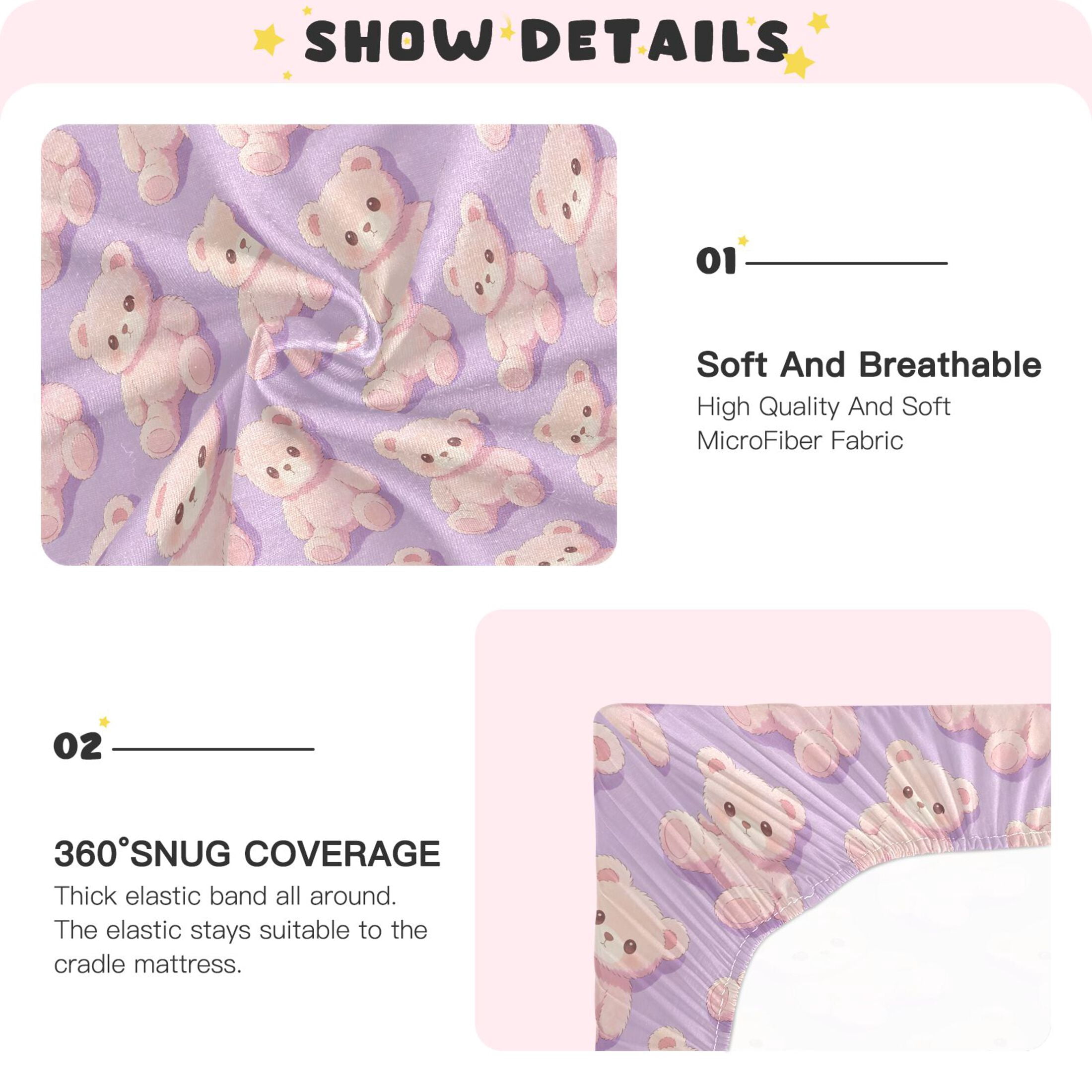 Baby Essentials 52”x 28”- Standard Cotton-like Modal Elastic- Purple Bear Design Crib Sheets for Newborns and Toddlers