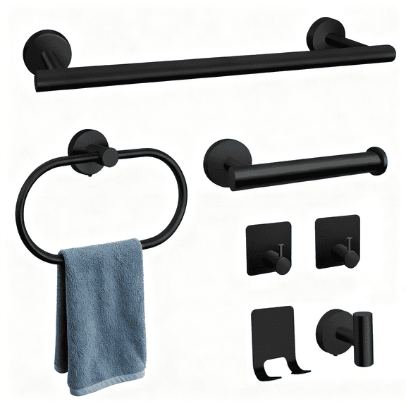 7 PCS Bathroom Hardware Set, Matte Black Stainless Steel Bathroom Tower Rack Set Includes Towel Bar, Toilet Towel Paper Holder, Towel Ring, 4 Robe Towel Hooks for Bathroom, Kitchen, Washroom Wall