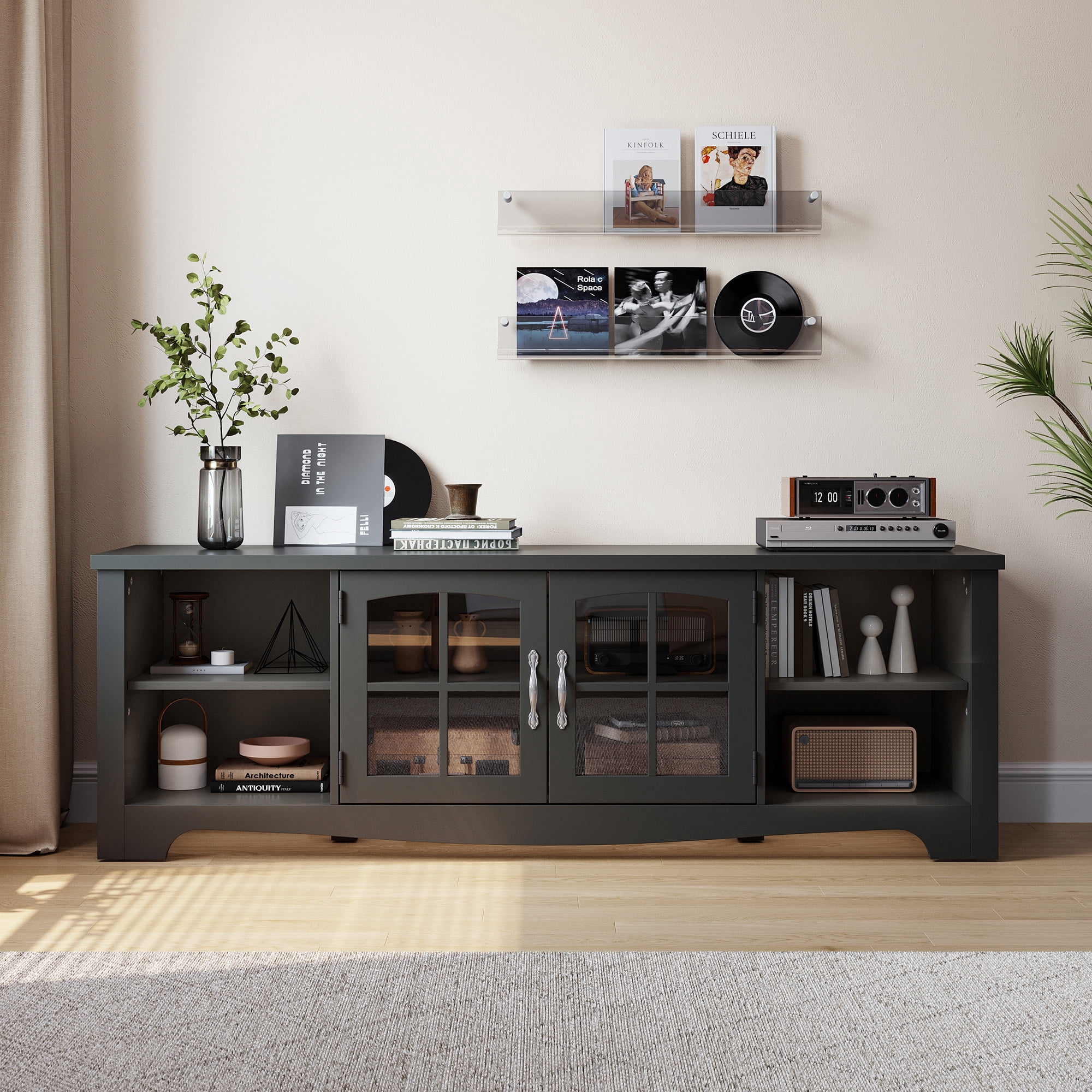 LINSY HOME Modern Farmhouse TV Stand for TVs up to 75", Home Entertainment Center with Storage Cabinet and Adjustable Shelves, Black