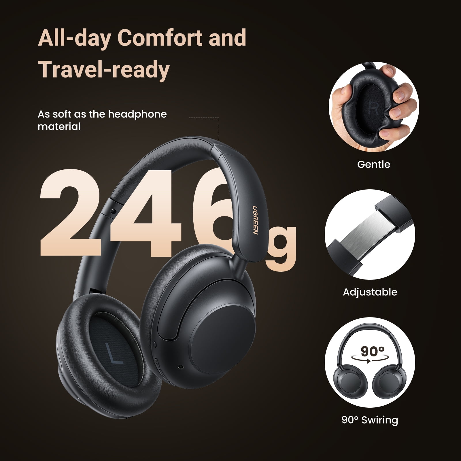 UGREEN Max5 Bluetooth Noise Cancelling Headphones, Over Ear, 90H Playtime, Black UGREEN Max5 Bluetooth Noise Cancelling Headphones, Over Ear, 90H Playtime, Black