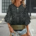 thumbnail image 3 of Greek Key Ornate Black & Gold Women's V-Neck Blouse With 3/4 Ruffled Bell Sleeves Casual Top Ladies Blouses, 3 of 7
