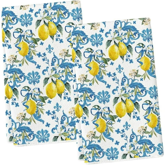 Lemon Blue Flowers Floral Summer Kitchen Towels Dish Towels, 18x26 Inch Seasonal Decoration Hand Towels Set of 2