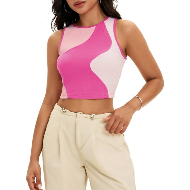 ATHLECHIC Camiseta sin mangas de verano de bloques de color para mujer, con cuello redondo, básica y corta, color rosa