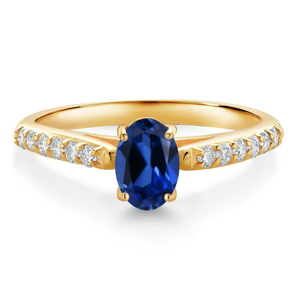 Gem Stone King 10K Yellow Gold Blue Created Sapphire and White Lab Grown Diamond Engagement Ring for Women (1.18 Cttw, Oval 7X5MM, Gemstone September Birthstone, Size 8)