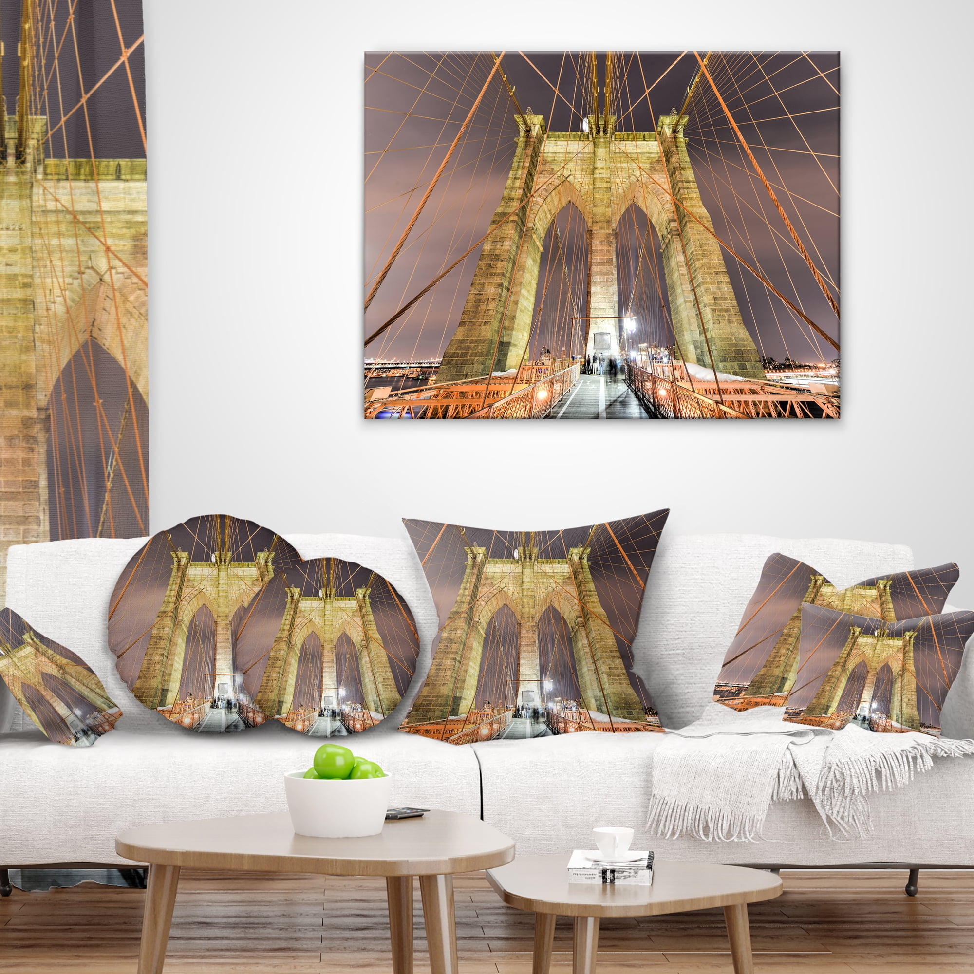 Designart Brooklyn Bridge Tower and Cabling - Cityscape Throw Pillow - 18x18