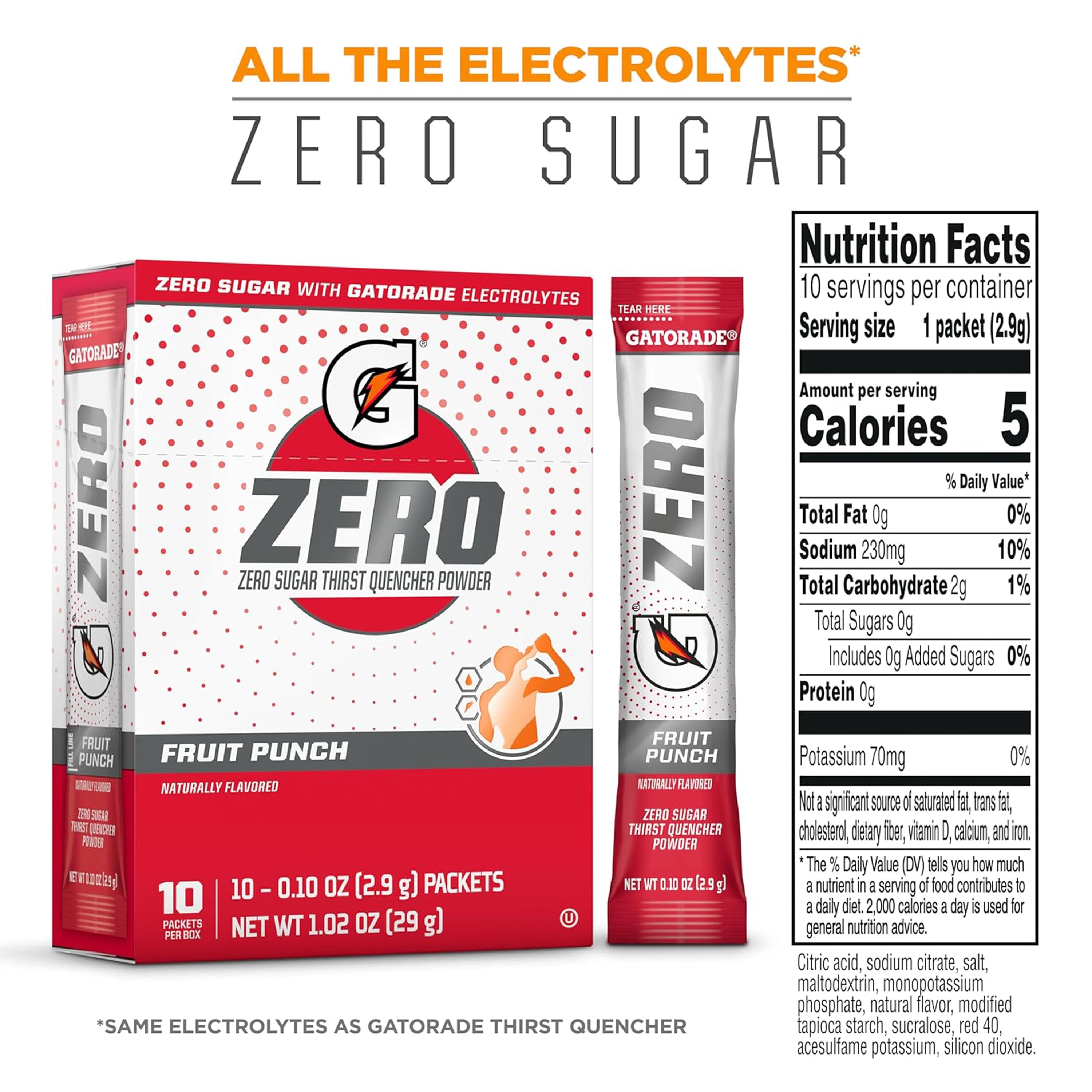 (3 pack) Gatorade G Zero Sports Drink Fruit Punch, Powdered Energy Drink Mix, 0.10 oz, 10 Count Packets