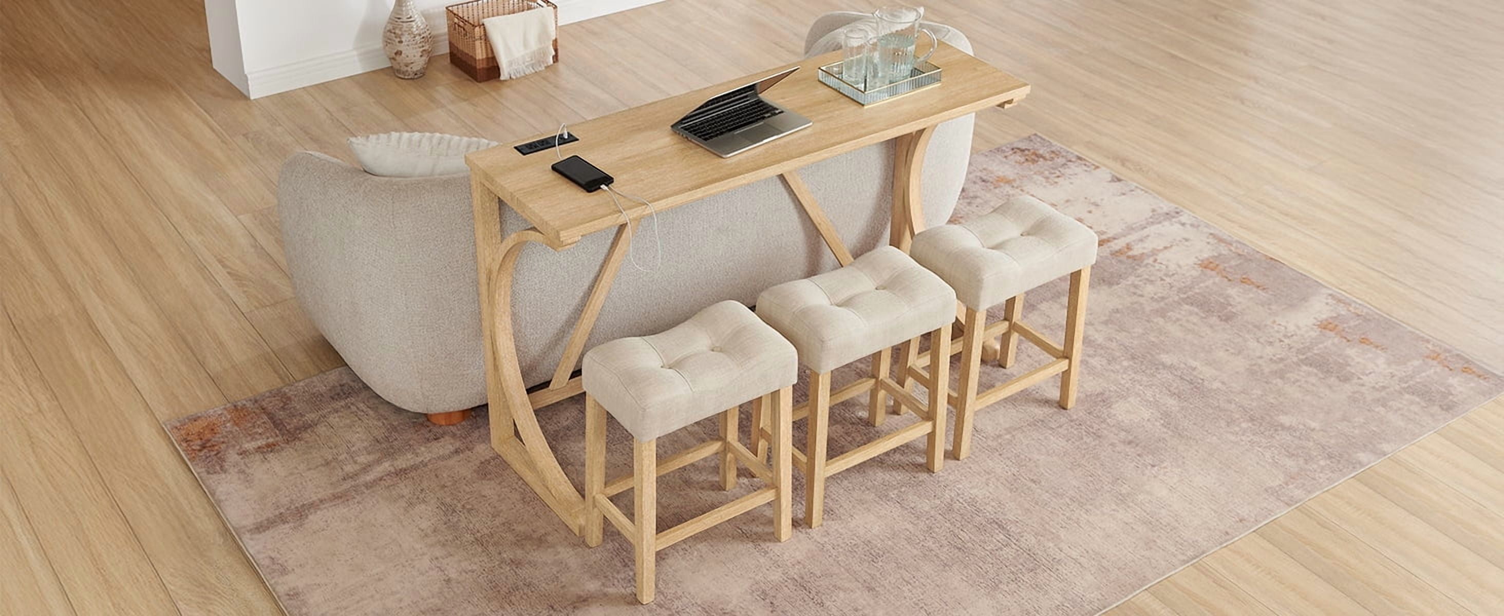 Dining Table, Bar Table Set&nbsp;with Built-In USB/Type-C/AC Power Outlets, Includes 3 Linen Upholstered Stools, Solid Wood Frame Set for Kitchen, 59 Inch Light Oak