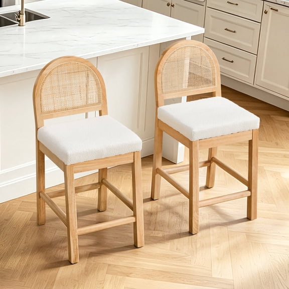 Lessmore Handwoven Rattan Counter Stool Set of 2 Counter Height Stools with Natural Rattan Back and Wood Frame for Kitchen Island