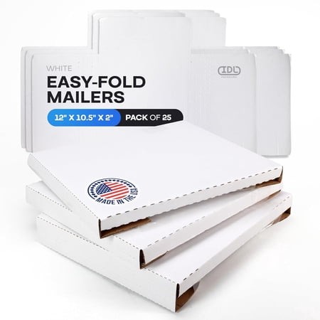 IDL Packaging White Mailing Boxes 12"x10.5"x2", Pack of 25, USA-Made - Strong, Easy to Fold Cardboard Boxes