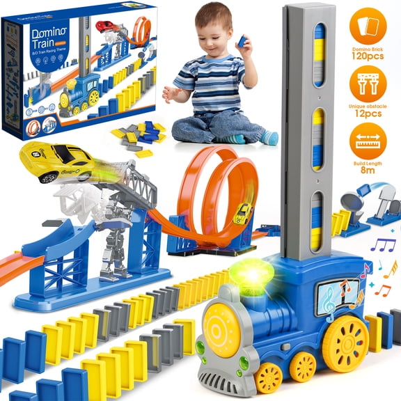 UQN 120PCS Domino Train Set for Kids, Automatic Domino Toys for Toddlers Ages 3-8 Years with Music and Light, Fun Montessori Toys for Birthday Gift, Christmas Gift.