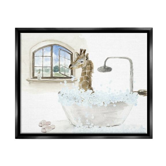 Stupell Giraffe Bubble Bath Animal Scene Animals & Insects Painting Black Floater Framed Art Print Wall Art