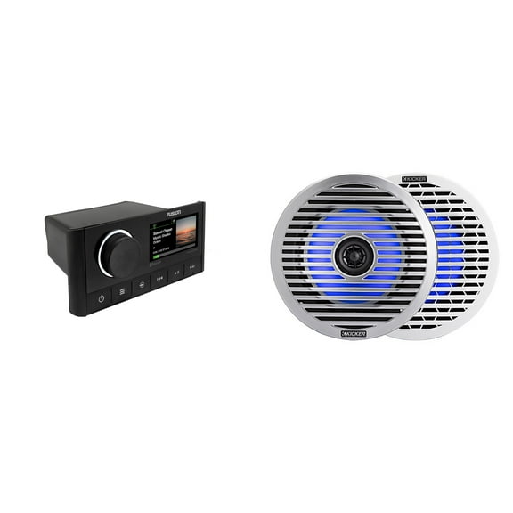 Kicker 51KM614FL 6.5-Inch (165mm) Thin-Mount Marine Coaxial Speakers with RGB LED, 4-Ohm, White & Silver Grilles Included , Bundled with MS-RA670 Apollo Marine Receiver