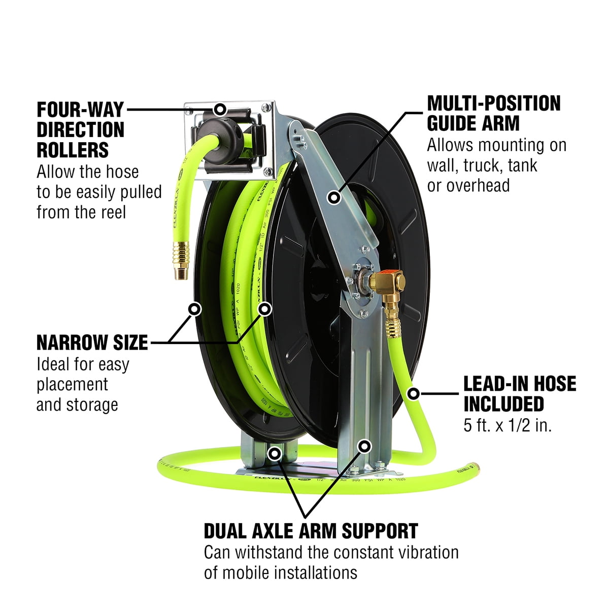 Flexzilla® Pro Retractable Air Hose Reel, Open Face, Dual Axle Arm, 1/2" x 50', ZillaGreen®