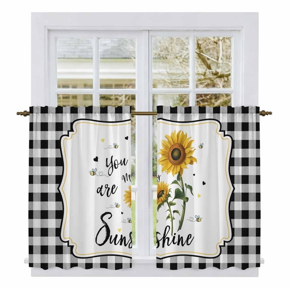 Sunflowers Tier Curtains, Yellow Floral Botanical Black White Plaid Farmhouse Light Filtering Kitchen Curtains, 2Pcs Rod Pocket Half Window Treatments Panels for Sink Cafe Cabinet Basement 27.5x45In