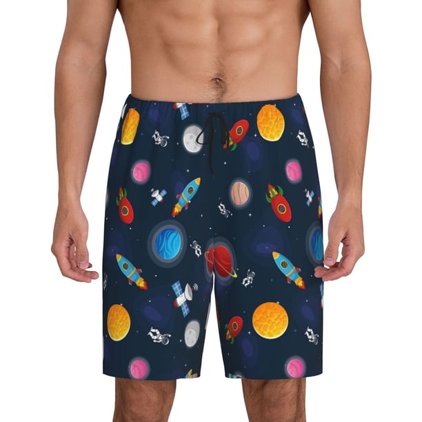 Balery Space Cartoon Pantalones cortos de pijama de punto de algodón para hombre con cinturilla y bolsillos-X-Large