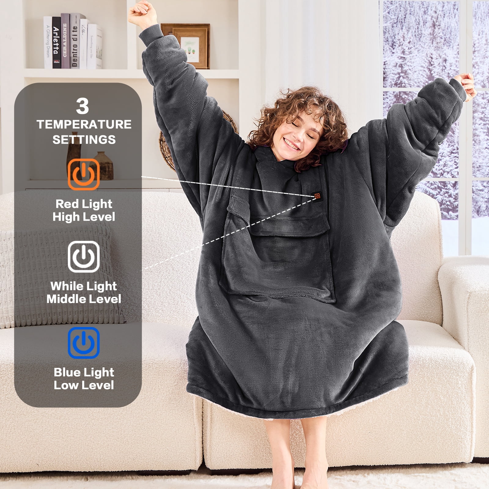 PMONPA Heated Wearable Blanket, Oversized Wearable Heated Blanket for Adult Extra Long Version, Sherpa Fleece Blanket Hoodie, One Size, Grey