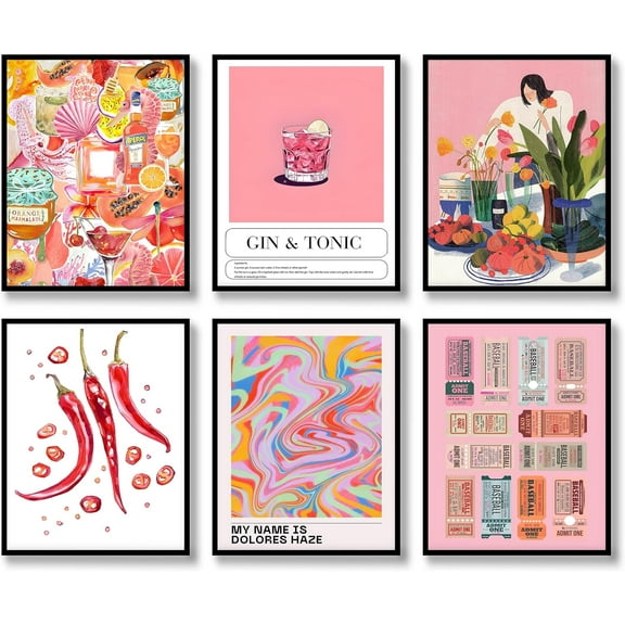 Retro Wall Art Prints Set of 6 Aesthetic Gallery Pink Preppy Posters Trendy Maximalist Eclectic Canvas Funky Retro Coquette Wall Decor for Living Room Bedroom Corridor (D, 8"x10" UNFRAMED)