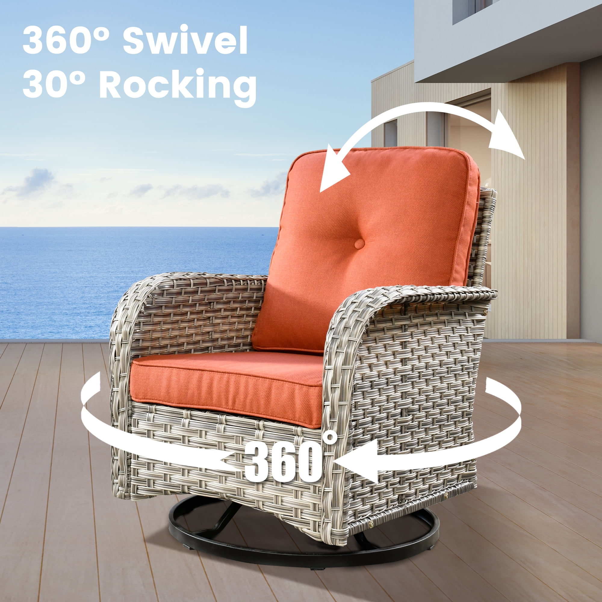XIZZI 3-Piece Patio Furniture Set High Back Patio Conversation Chairs Set Outdoor Swivel Glider Rocker Chairs Wicker Outdoor Rocking Swivel Chairs with Side Table for Porch, Coarse Orange Red