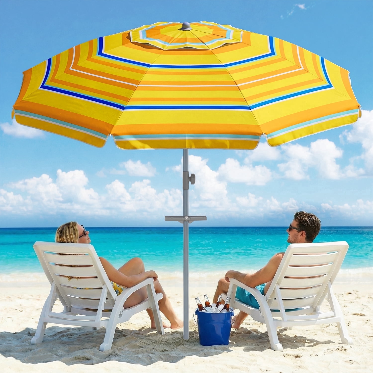 Beach Umbrella for Sand with Sand Anchor & Tilt, 7ft Beach Umbrella for Heavy Duty Wind Portable with Carry Bag and Hook, for Patio Pool Sea