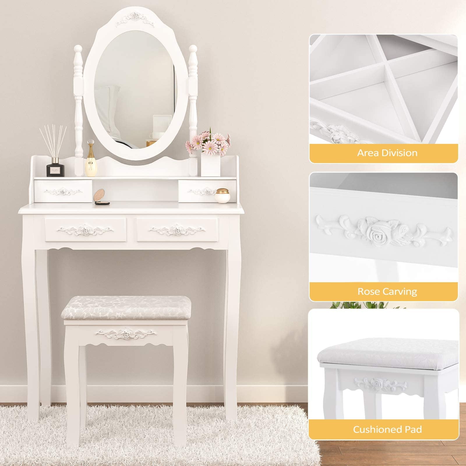 Alohappy Makeup Vanity Set with Oval Mirror & Stool for Girls, Vanity Table and Cushioned Stool Set with 4 Drawers, Wood Dressing Table for Bedroom, White