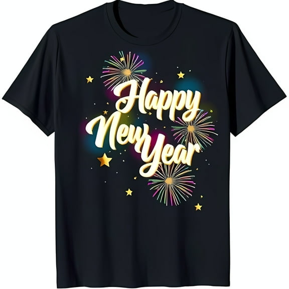 Bold Gold 'Happy New Year' T-Shirt with Colorful & Stars on Black Background