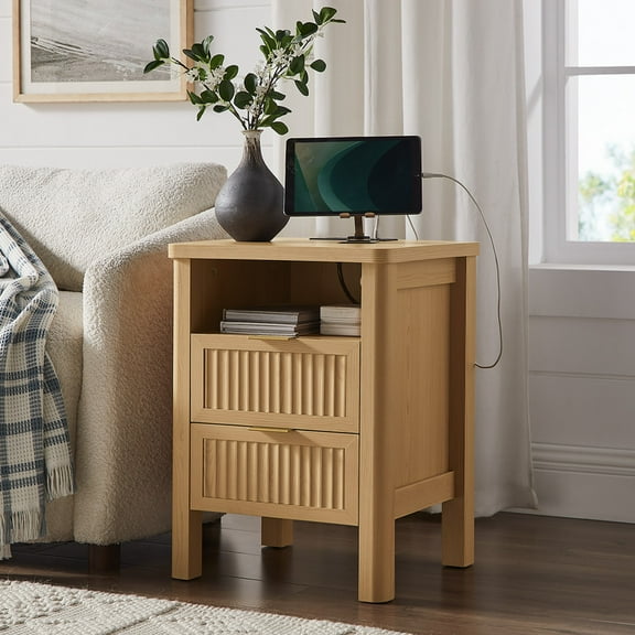 ONBRILL Fluted Night Stand with Charging Station, 23" Modern 2 Drawers End Table, Nightstand Set of 2 with Curved Profile Design, Bed Side Table for Bedroom, Living Room, Natural Oak (1-Pack)