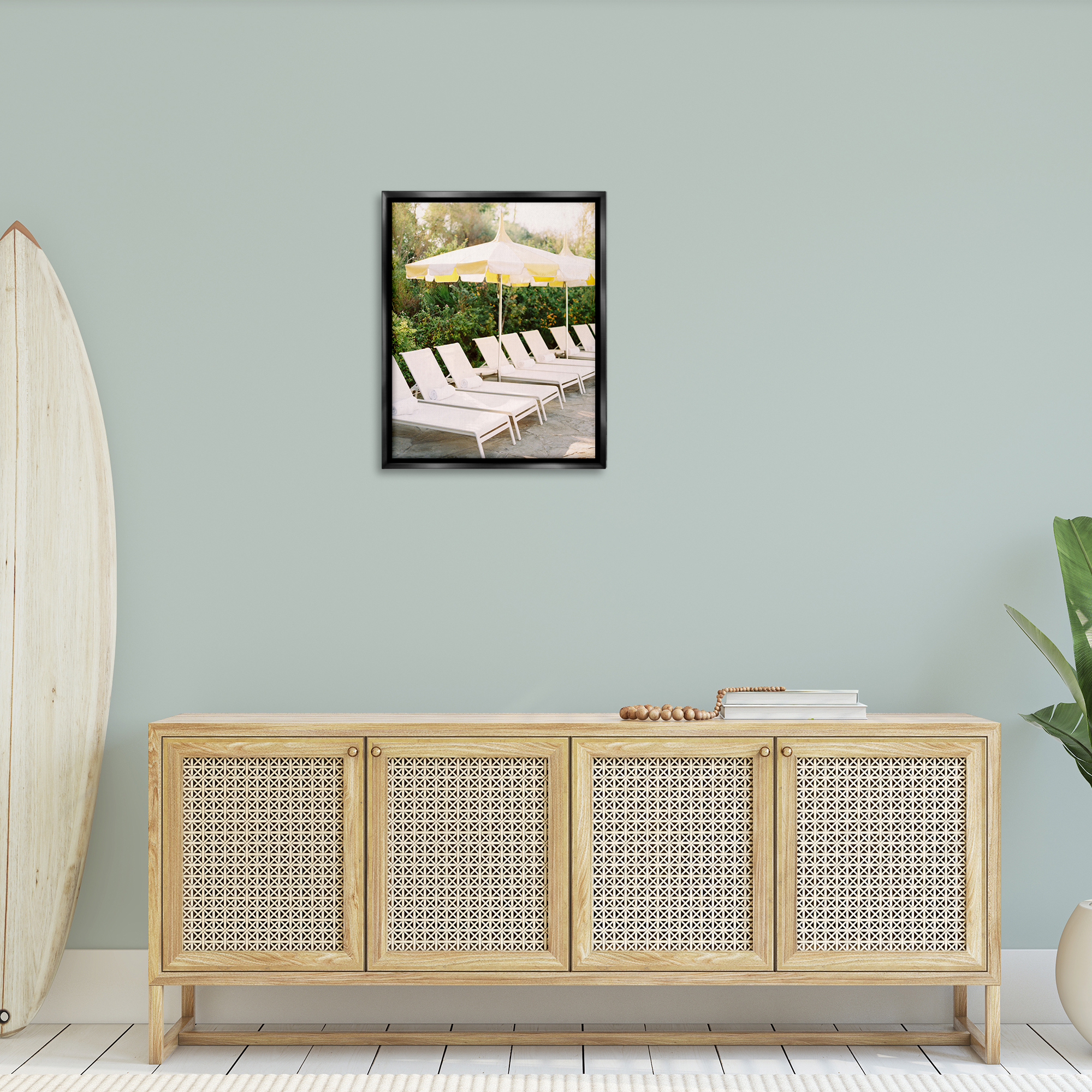 Stupell Industries Summer Pool Chairs Landscape Photography Black Floater Framed Canvas Art Print Wall Art, 25 x 31