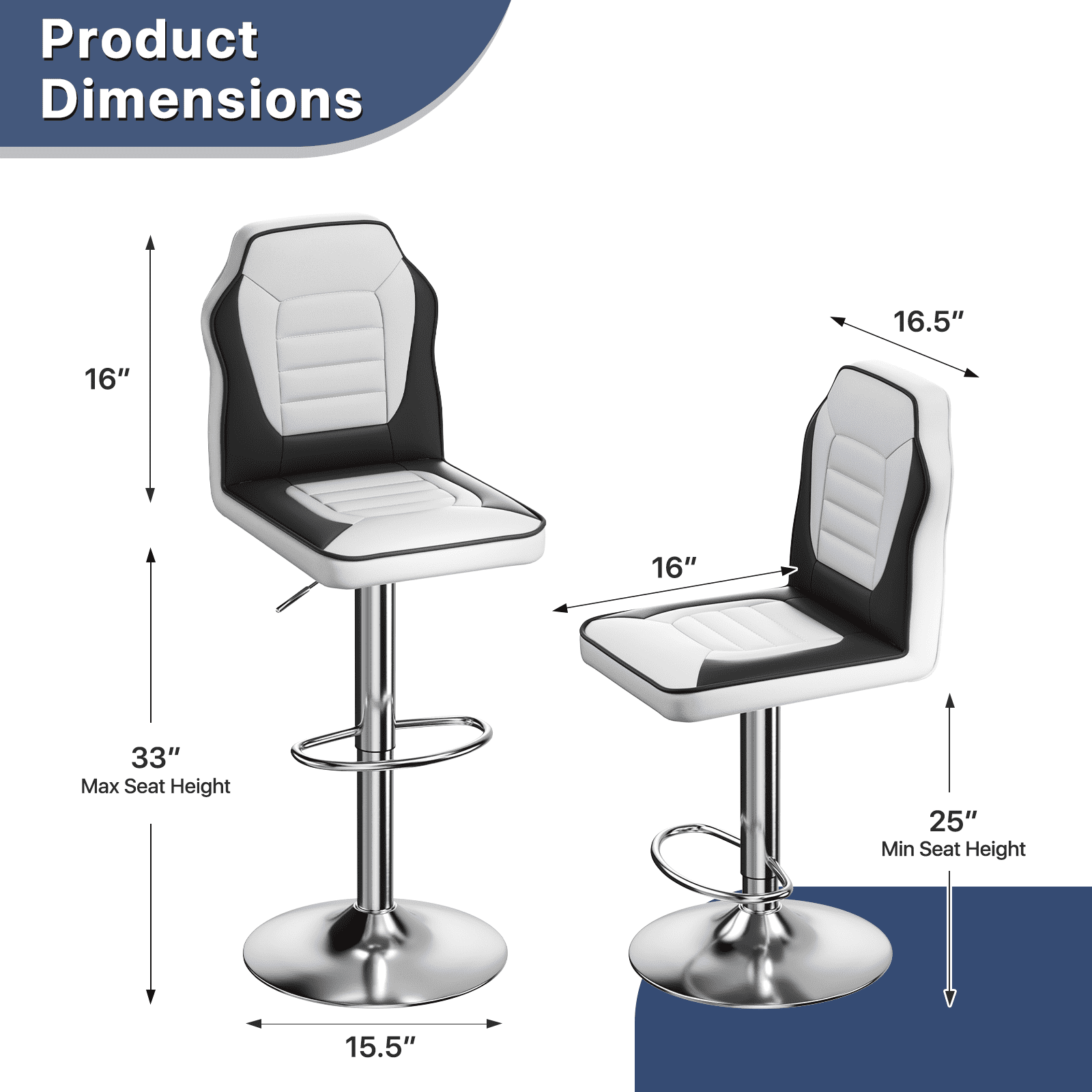 OSM 2-Pack Racing Style Bar Stools, Adjustable Height Swivel Gaming Chairs with High Back, Footrest & PU Leather, for Kitchen Island, Home Pub, White/Black
