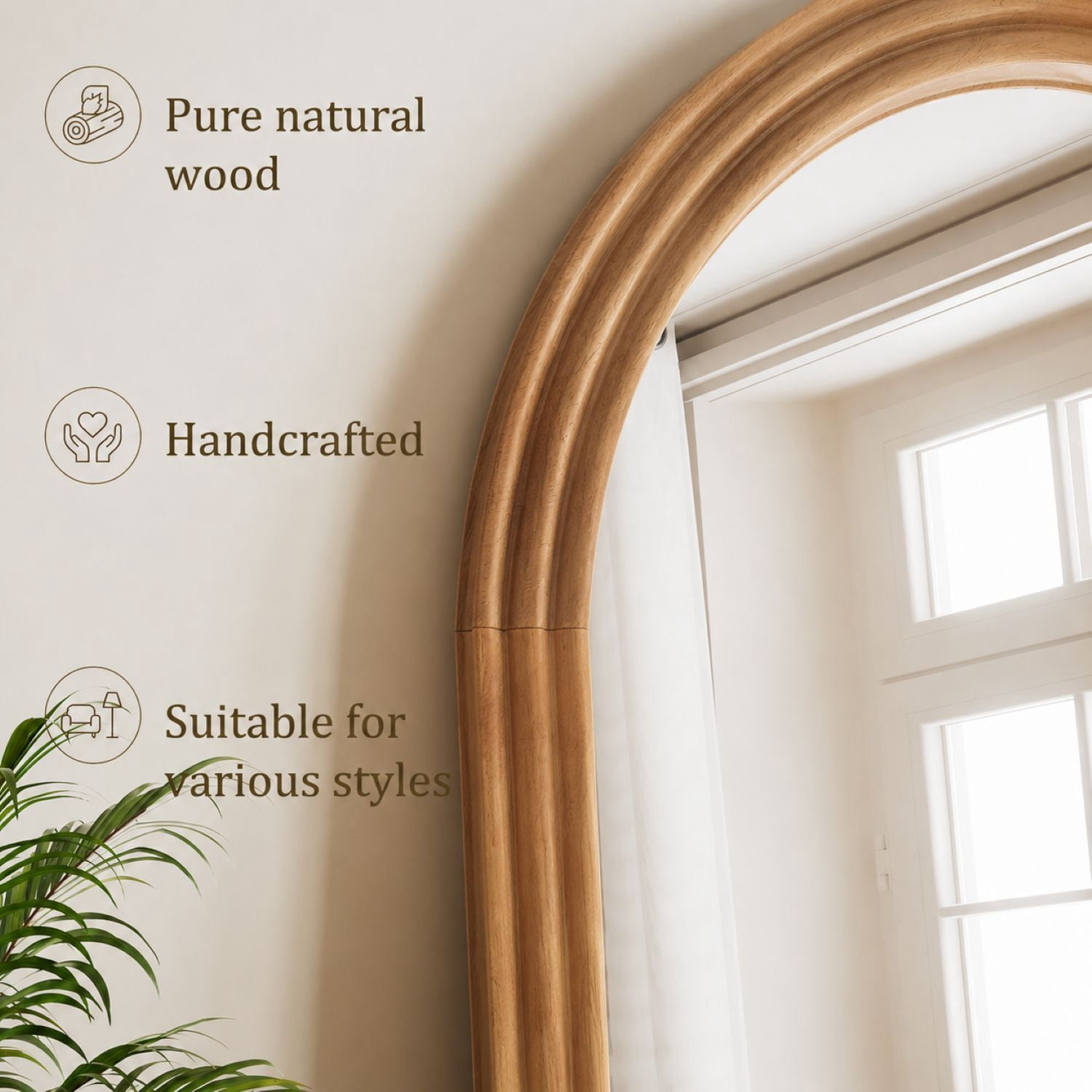Easy4Home 65" x 24" Wooden Arched Full Length Mirror Vintage Floor Mirror, Natural Wood