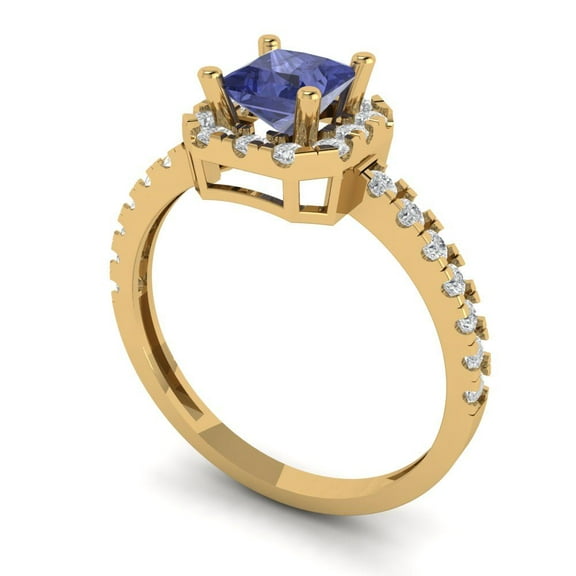 0.89 ct Princess Cut Simulated Tanzanite Halo Engagement Ring for Women in 14K Yellow Gold