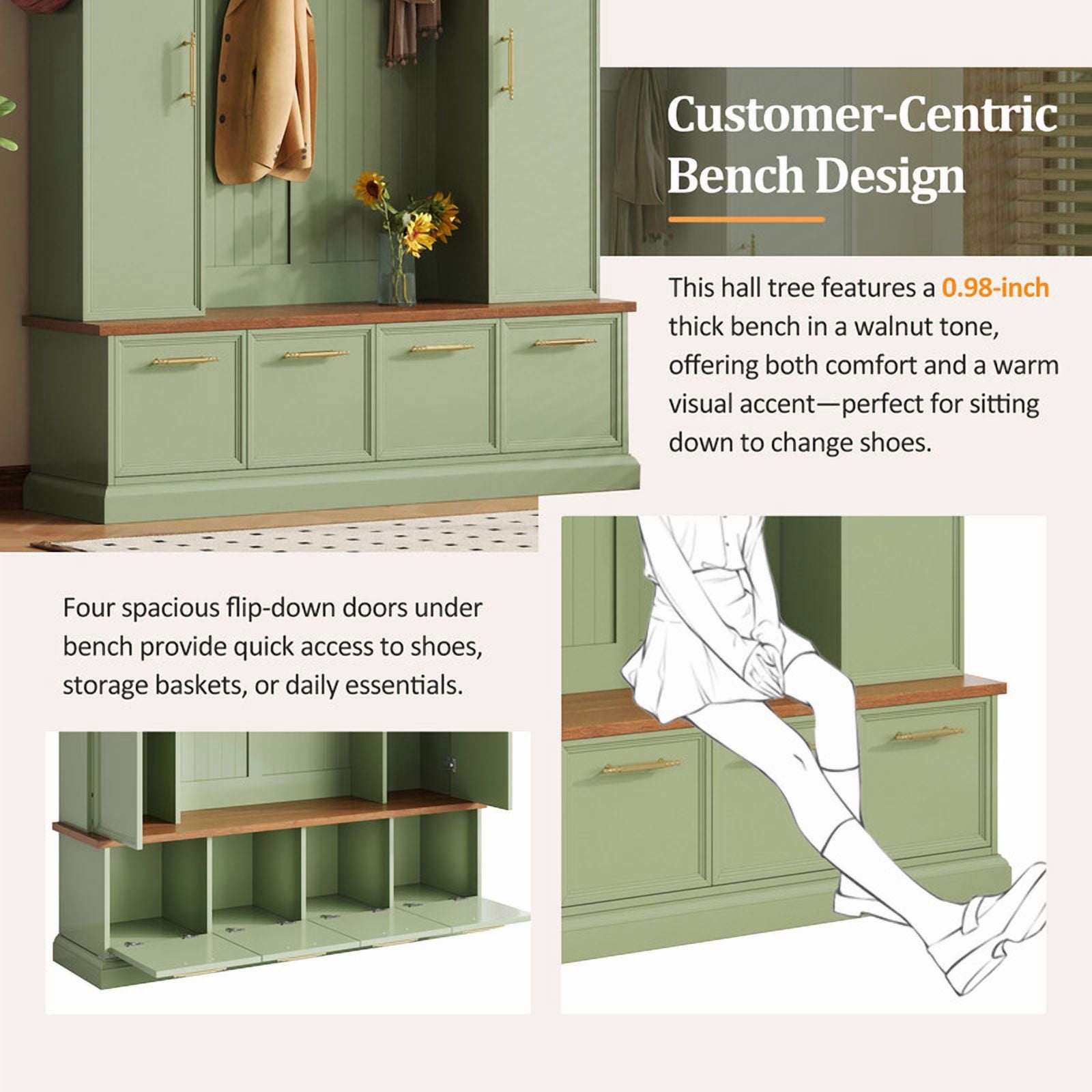 Farmhouse 4-in-1 Hall Tree with Golden Hooks & Handles, Entryway Shoe Bench with Adjustable Shelves, Farmhouse Coat & Shoe Rack for Mudroom