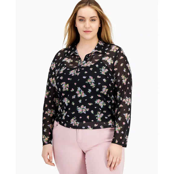 Love, Fire Womens Trendy Plus Size Mesh Floral-Print Top, Black, 1X
