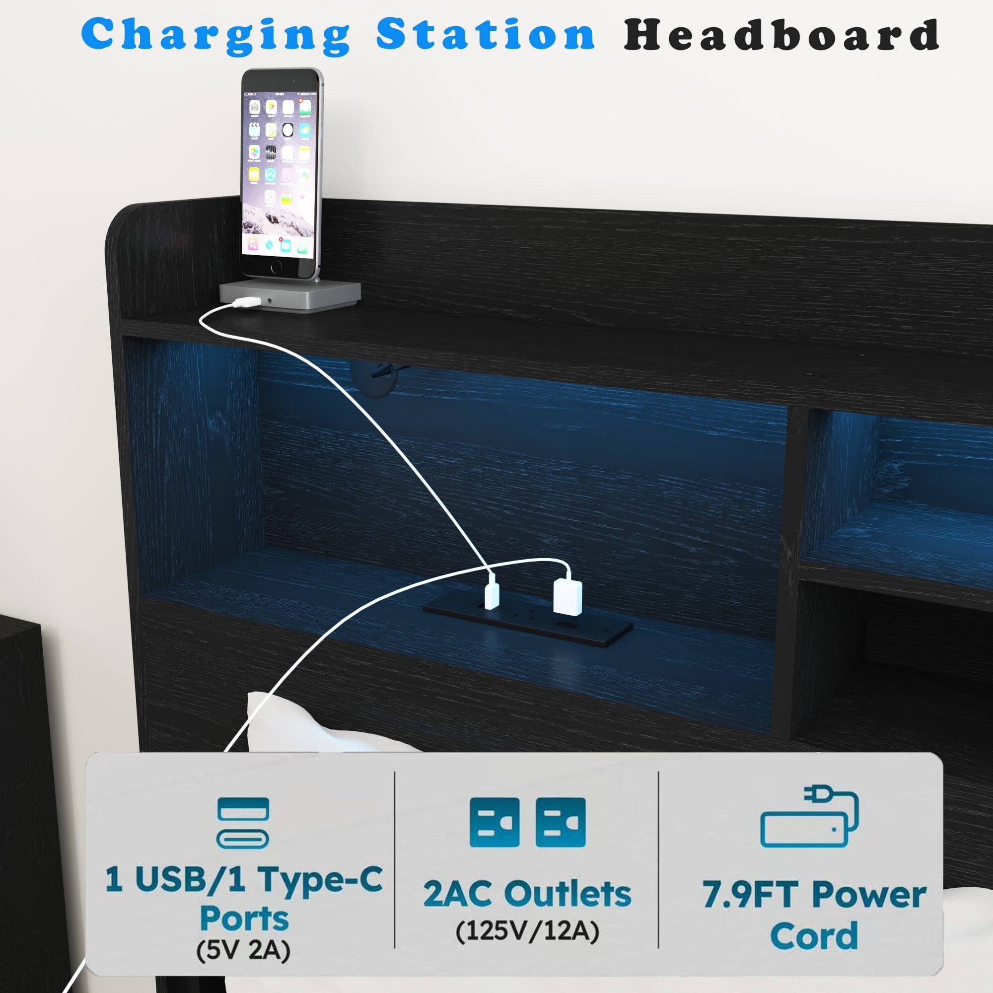 AENKYO Full Size Bed Frame with 4 Storage Drawers & LED Lights - Storage Headboard with Charging, Noise-Free, Black